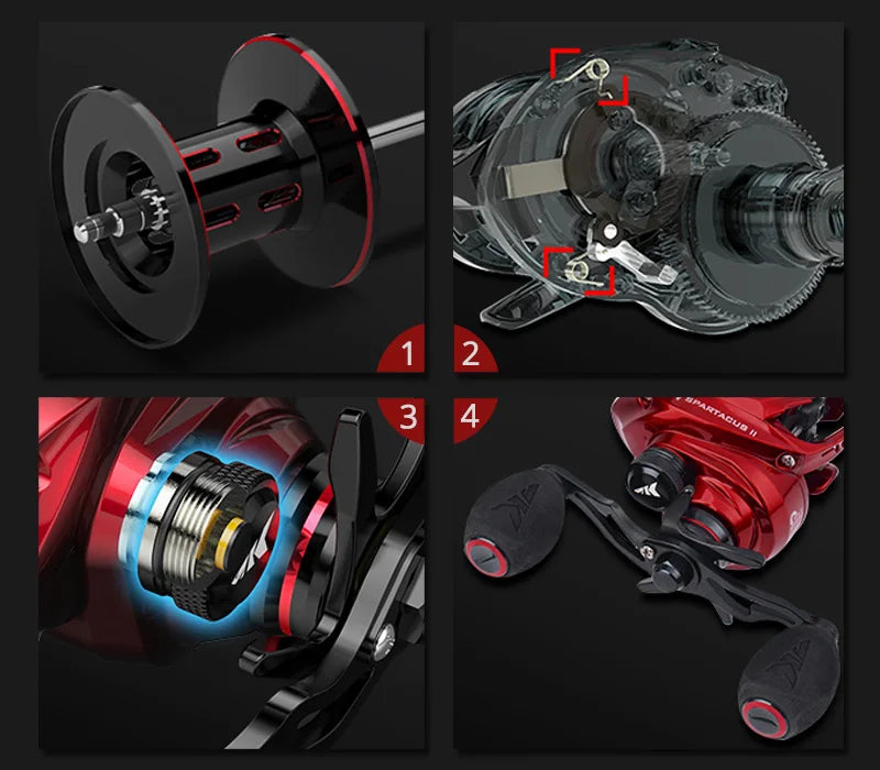 Close-up collage showing features of a red baitcasting fishing reel, including spool, gears, and handle.
