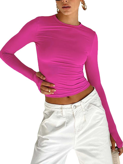 Slim Fit Long Sleeve Crop Top with Thumb Holes for Summer