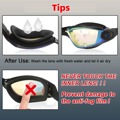 HookUpCo anti-fog UV swim goggles with black frame and blue mirrored tinted lenses.