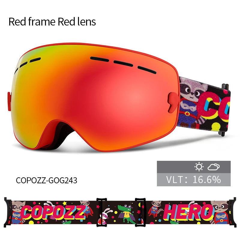 Kids Anti-Fog Ski Goggles with UV Protection and Cartoon Straps