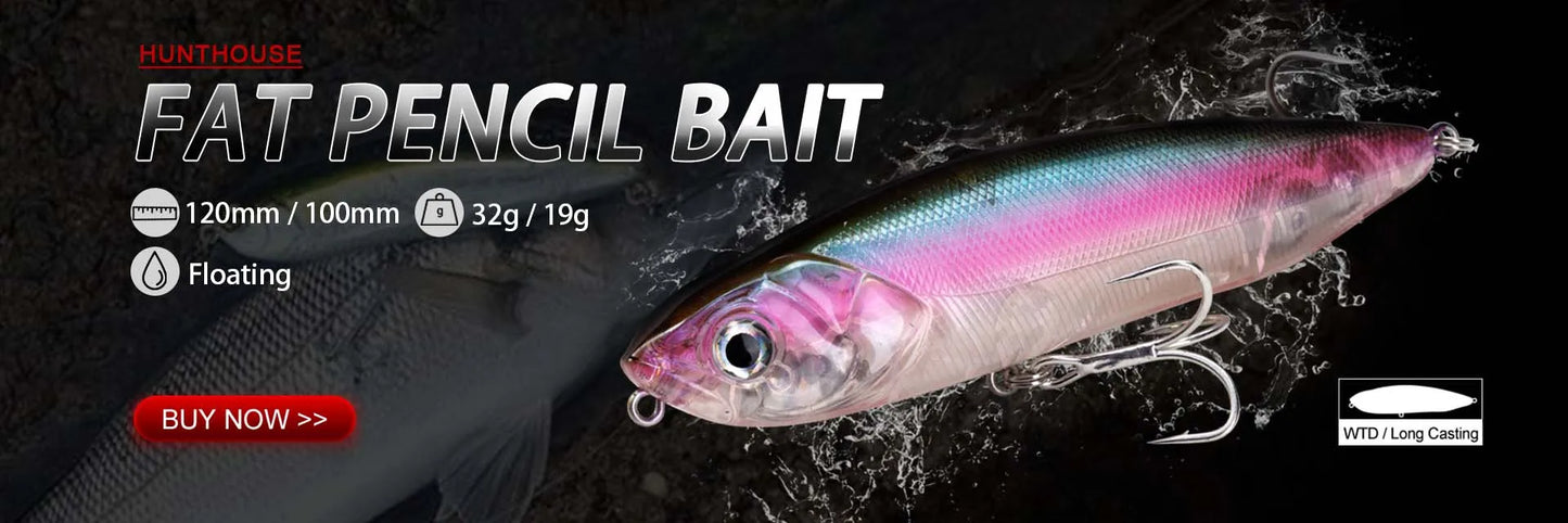 Floating fat pencil bait for fishing, multicolor lure with treble hooks, 120mm or 100mm sizes