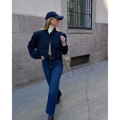 Woman Bomber Jacket White Autumn Winter Button Cropped Jackets Women Fashion Long Sleeve Coats