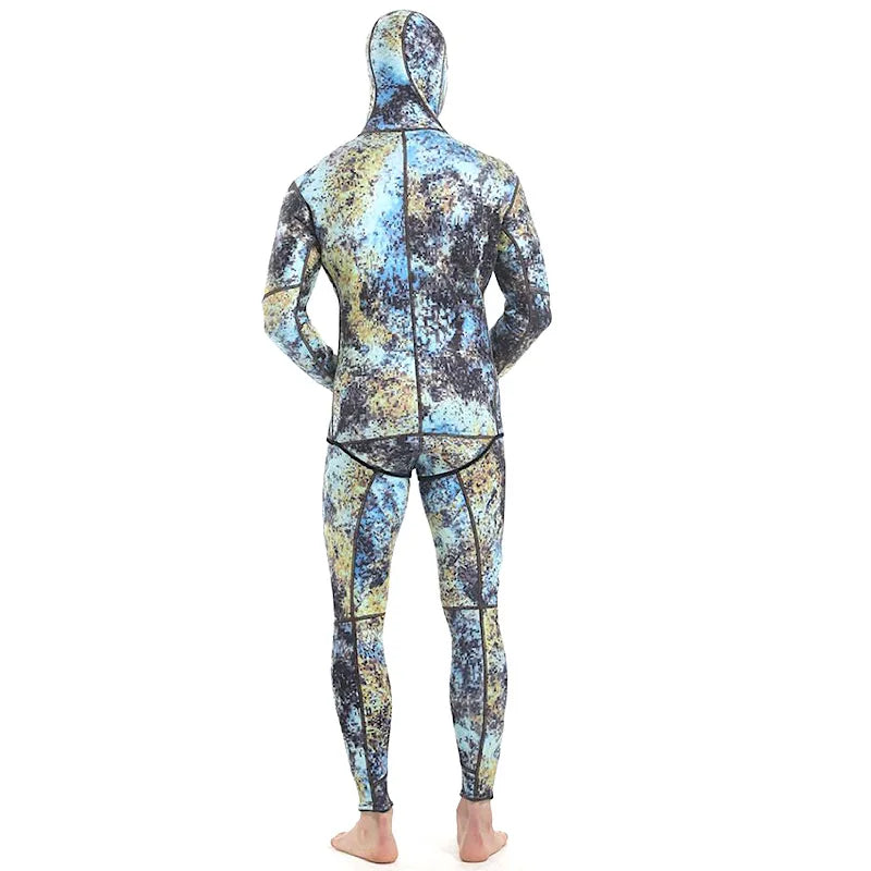 Multicolored camouflage wetsuit on a white background
