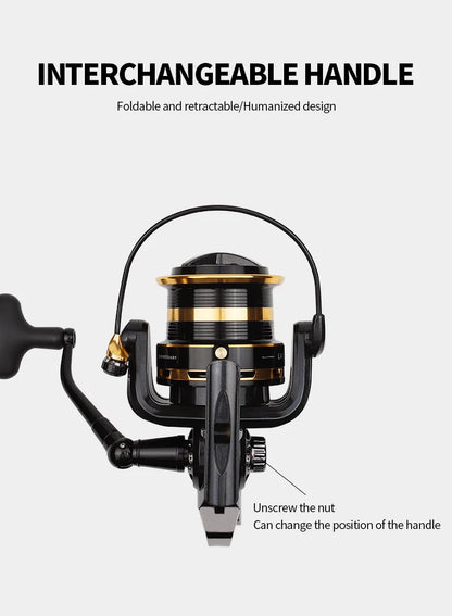 Black and gold fishing reel with interchangeable, foldable handle and adjustable nut