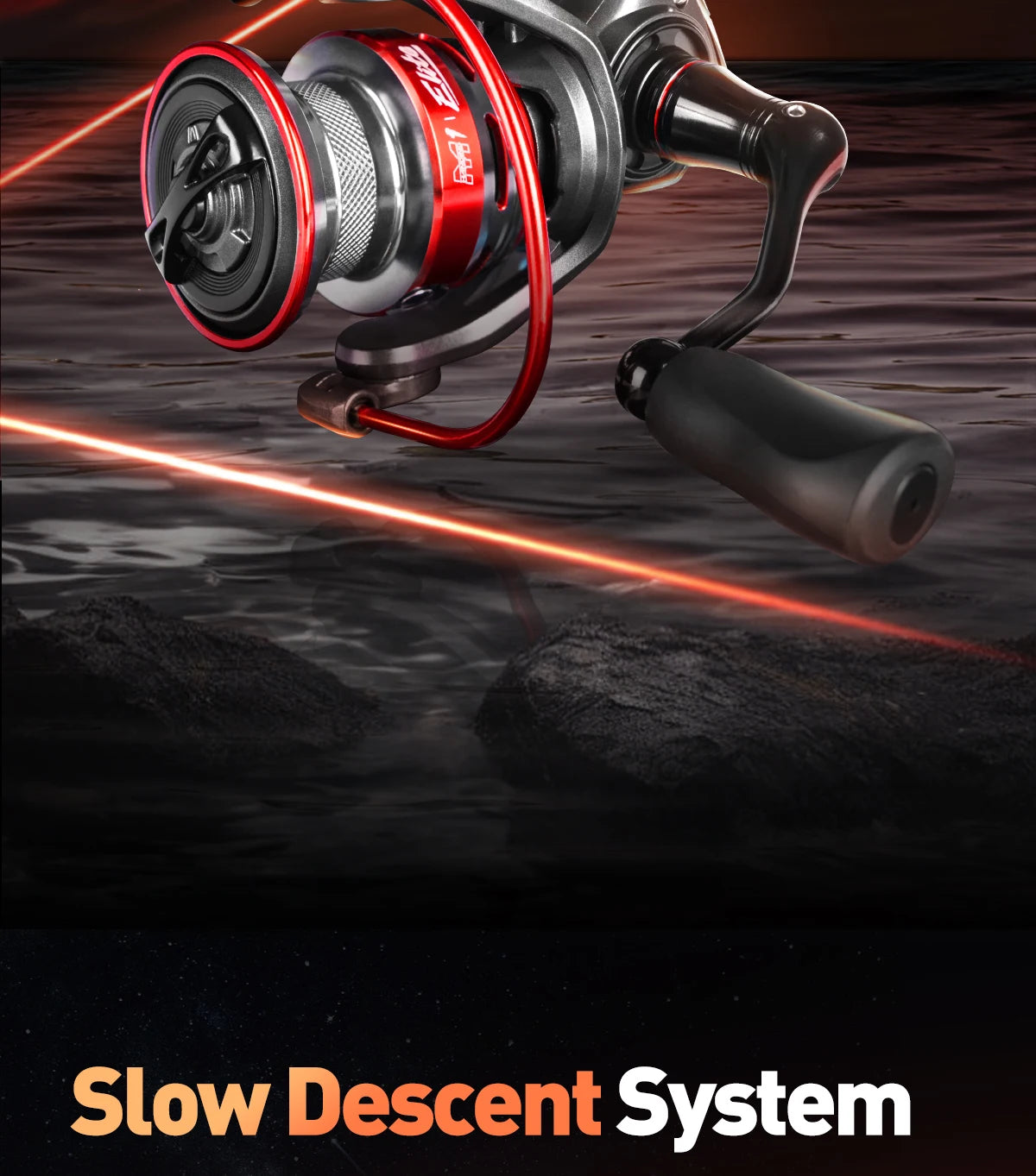 Close-up of red and black spinning fishing reel over water, highlighting slow descent system