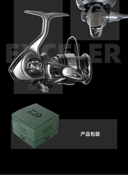 Modern spinning fishing reel and green Exceler LT2500-XH box on black background