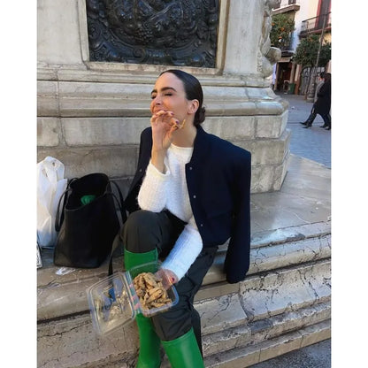 Woman Bomber Jacket White Autumn Winter Button Cropped Jackets Women Fashion Long Sleeve Coats