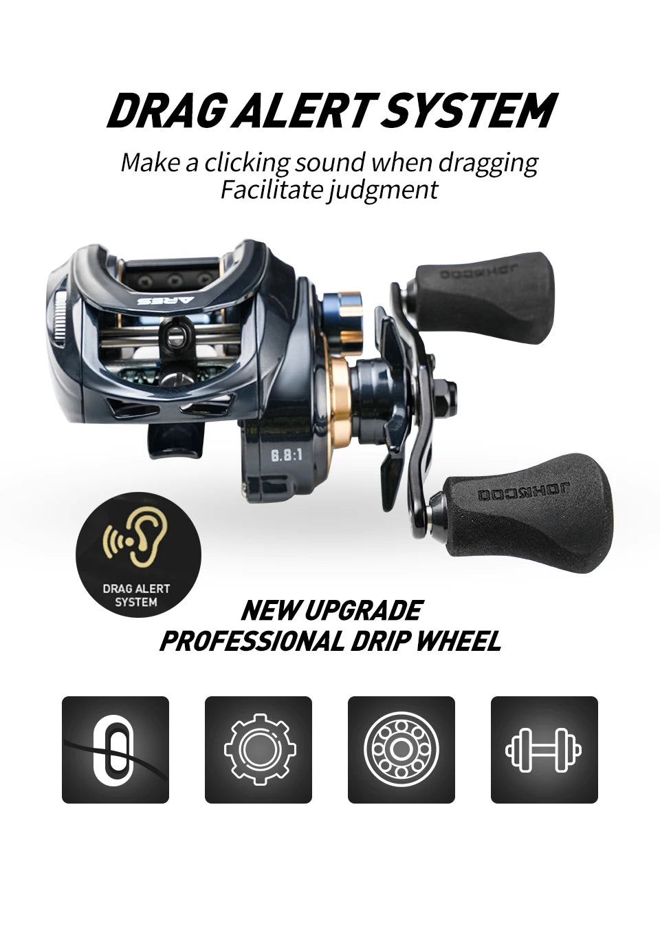 Upgraded fishing reel with drag alert system, dual handles, and durable outdoor gear design.