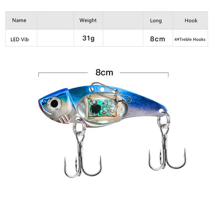 Fishing lure with LED Vib feature, showing dimensions and weight on a white background.