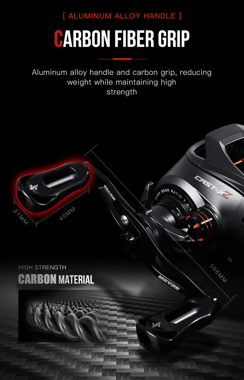Close-up of fishing reel with aluminum alloy handle and carbon fiber grip, showing measurements.