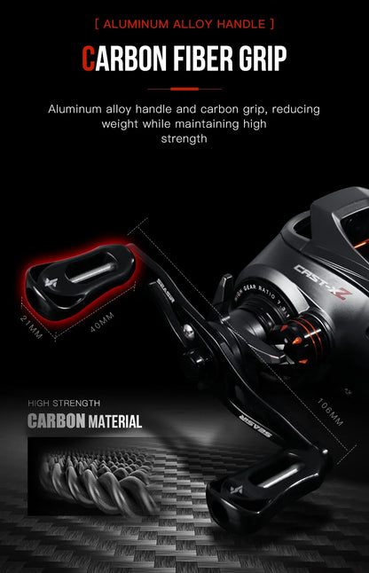 Close-up of fishing reel with aluminum alloy handle and carbon fiber grip, showing measurements.