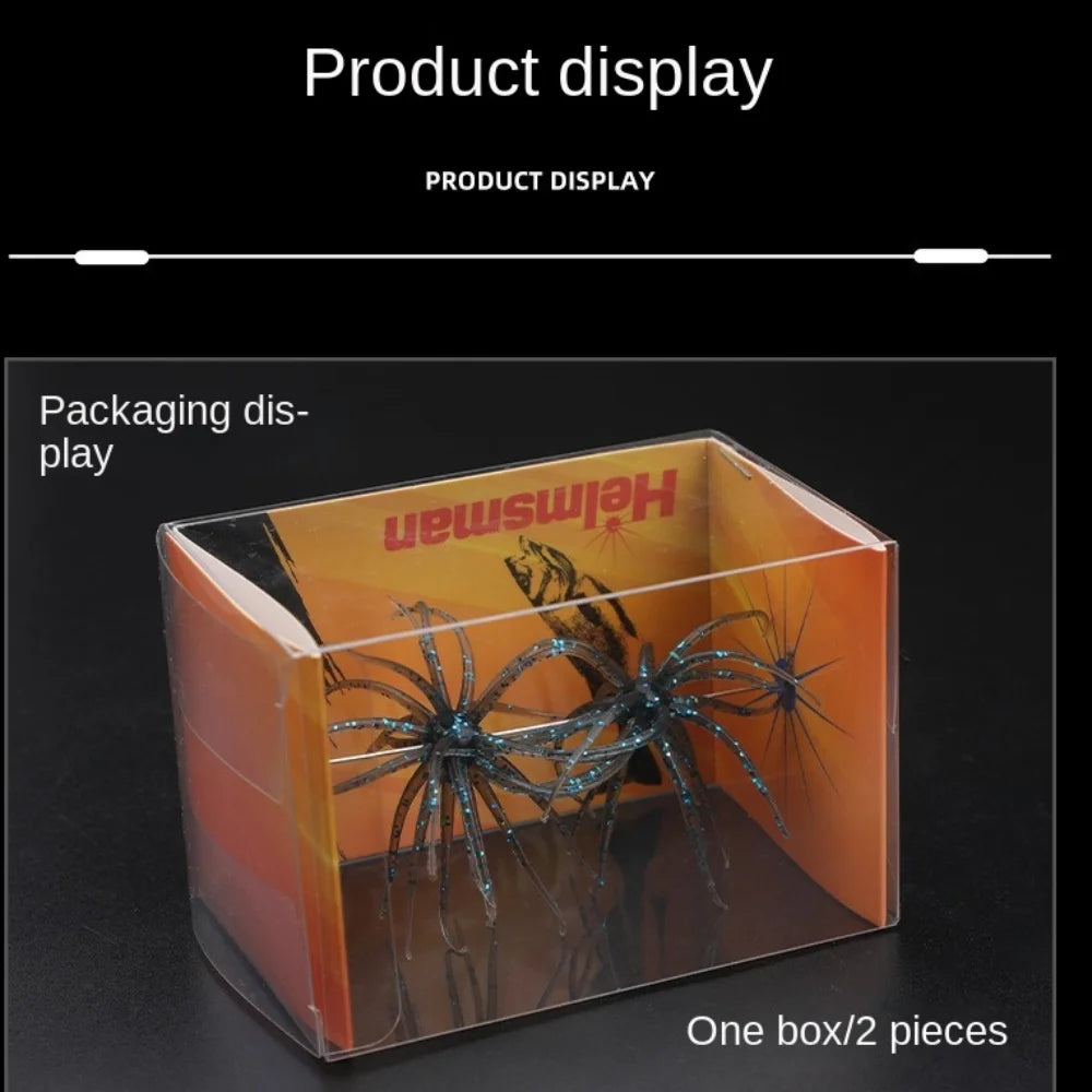 Box containing two realistic artificial spider-shaped fishing lures for outdoor fishing.