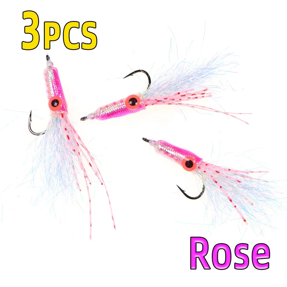 Set of three pink rose fishing lures with hooks, glittery bodies, and synthetic tails.