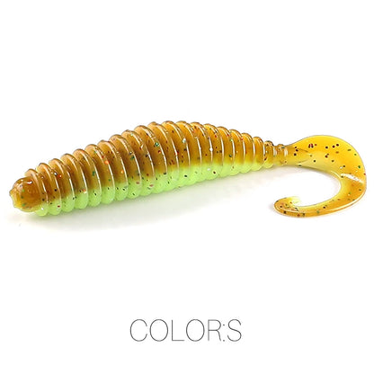 Soft plastic fishing lure with ribbed brown and green body and curly tail for anglers