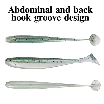 Three soft plastic fishing lures with abdominal and back hook groove design, green and silver.
