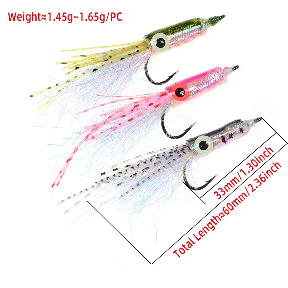 Colorful fishing lures with hooks, feather tails, and size details for outdoor fishing gear