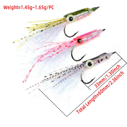 Colorful fishing lures with hooks, feather tails, and size details for outdoor fishing gear