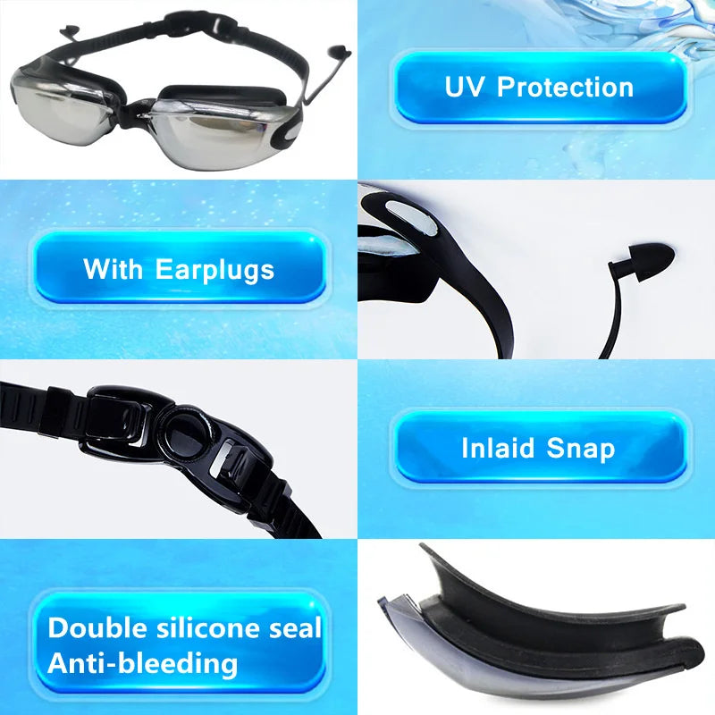 Swimming Goggles Adults Swim Glasses with Earplug Men Women Anti-fog Waterproof Swim Eyewear Pool Diving Training Race Glasses