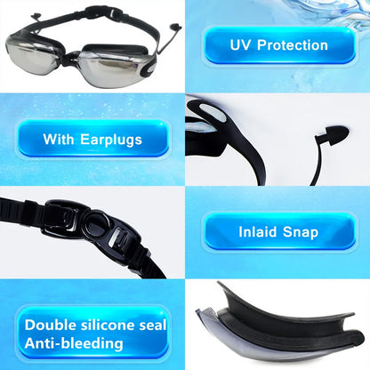 Swimming Goggles Adults Swim Glasses with Earplug Men Women Anti-fog Waterproof Swim Eyewear Pool Diving Training Race Glasses