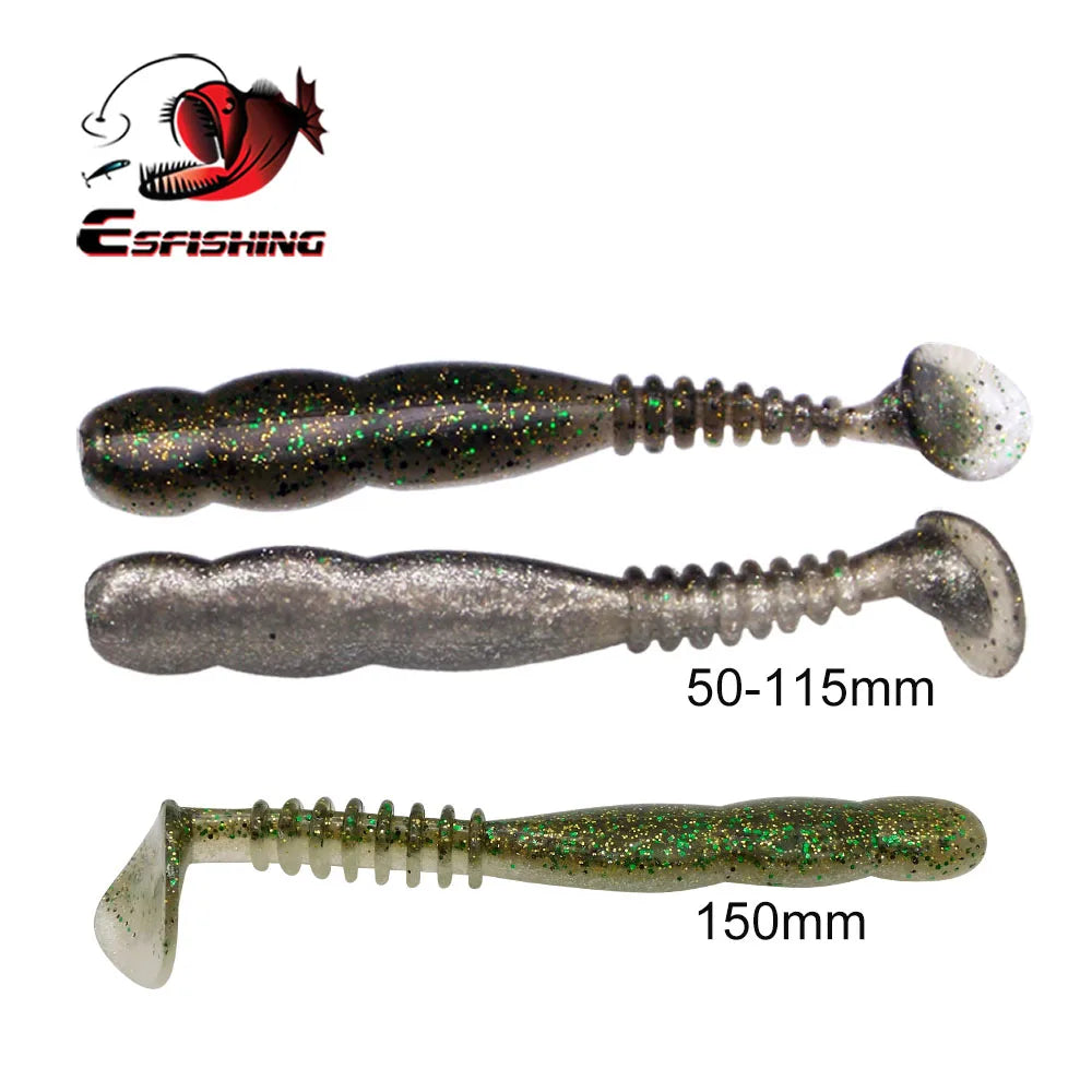 Silicone fishing lures in assorted colors and sizes, soft bait for fishing, paddle tail design.