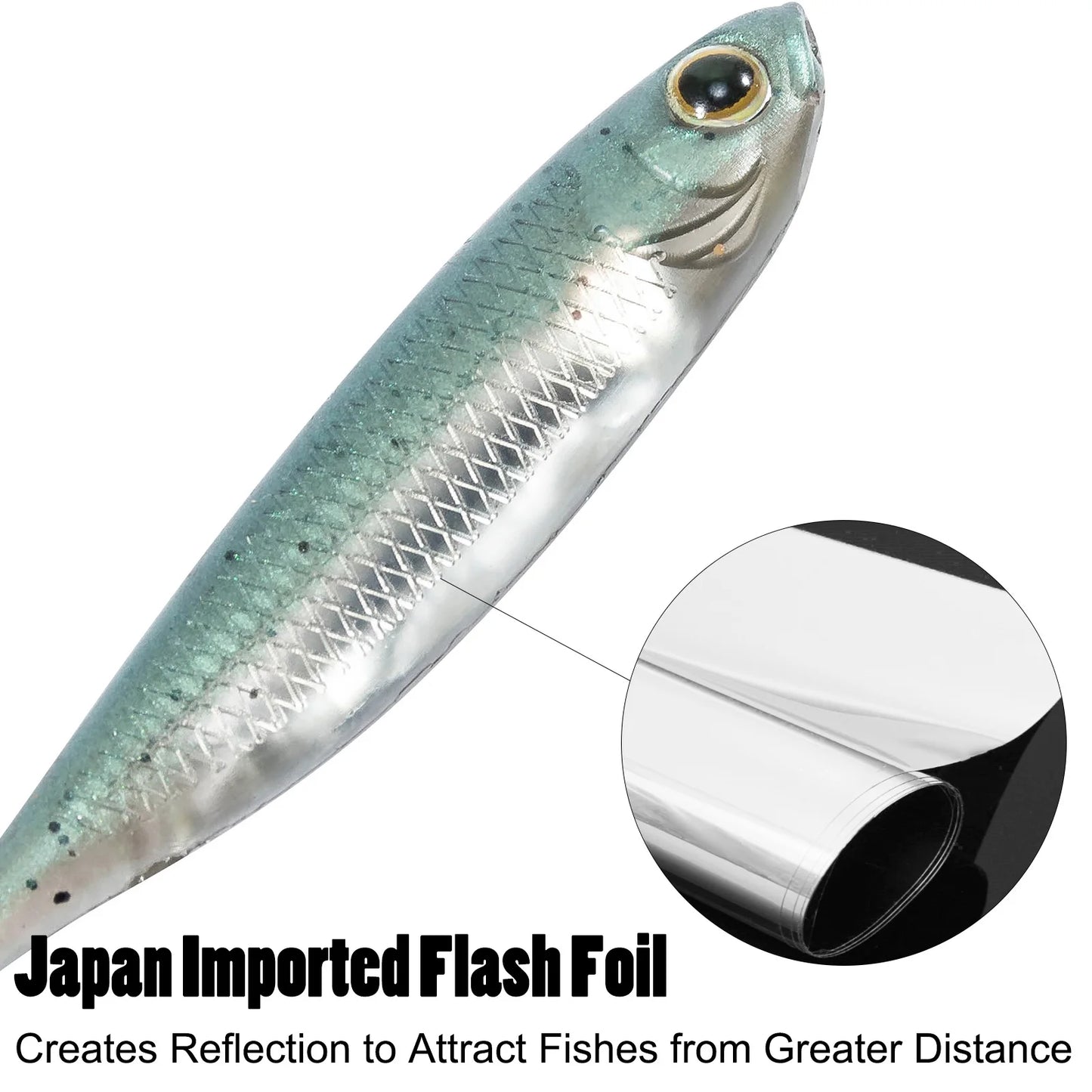 Realistic fishing lure with Japan imported flash foil creates reflective shine for attracting fish