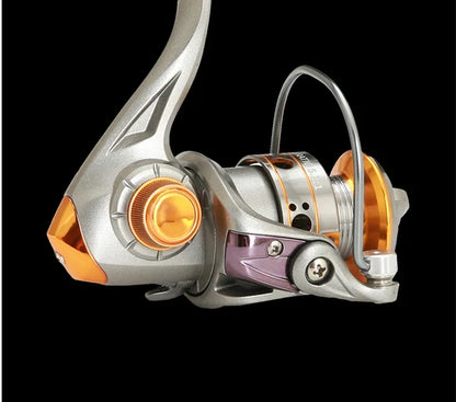Close-up of a metallic spinning fishing reel with gold accents on a black background