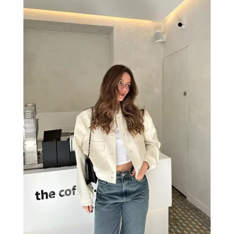 Woman Bomber Jacket White Autumn Winter Button Cropped Jackets Women Fashion Long Sleeve Coats