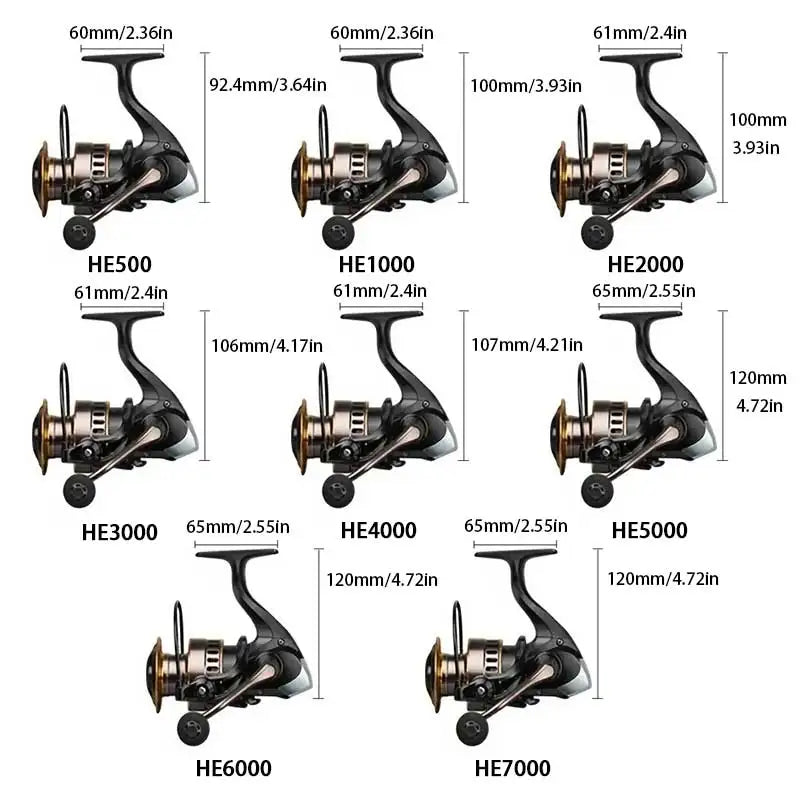 Assorted fishing reels HE500 to HE7000, displayed with size specifications for each model.