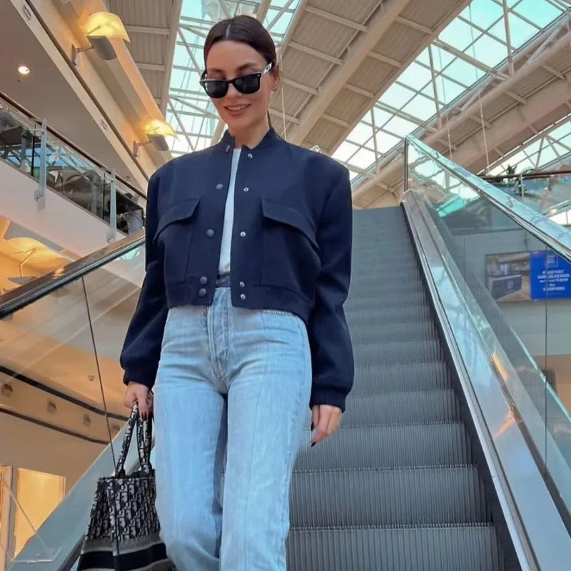 Woman Bomber Jacket White Autumn Winter Button Cropped Jackets Women Fashion Long Sleeve Coats