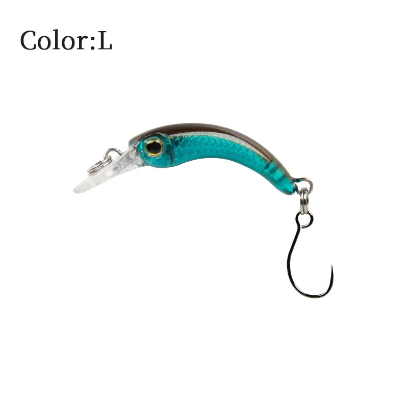 Curved blue and silver fishing lure with single hook, labeled color L, isolated on white.