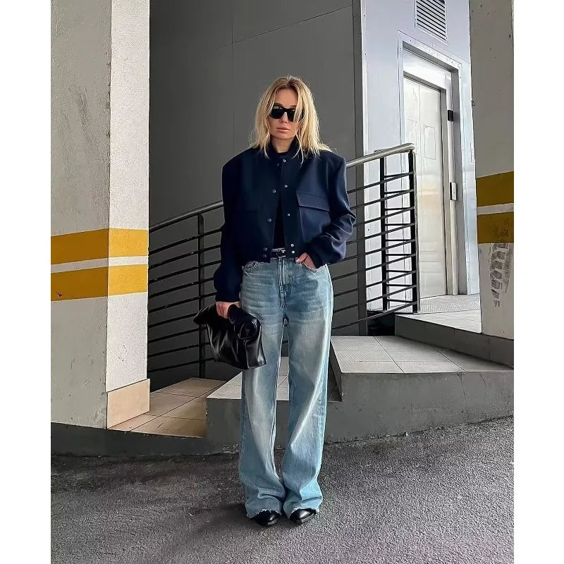 Woman Bomber Jacket White Autumn Winter Button Cropped Jackets Women Fashion Long Sleeve Coats