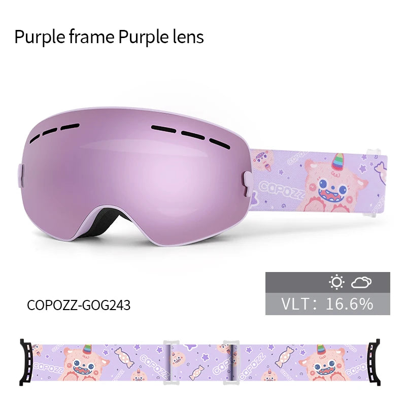 Kids Anti-Fog Ski Goggles with UV Protection and Cartoon Straps