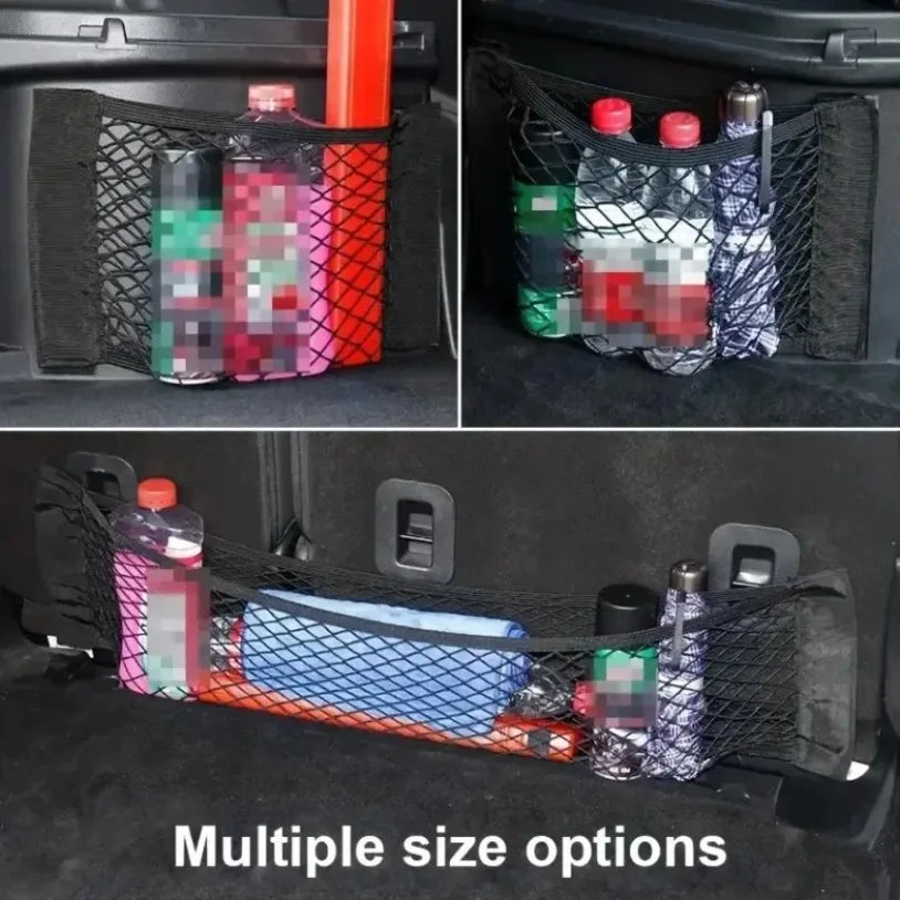 Car trunk organizer with bottles in a mesh pocket, showing different size options.