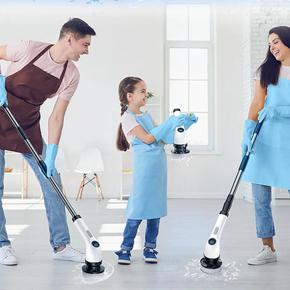 Family of three cleaning a floor with a robot vacuum cleaner in a bright room.
