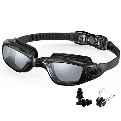 Black anti-fog UV swim goggles with mirrored lenses and adjustable head strap.