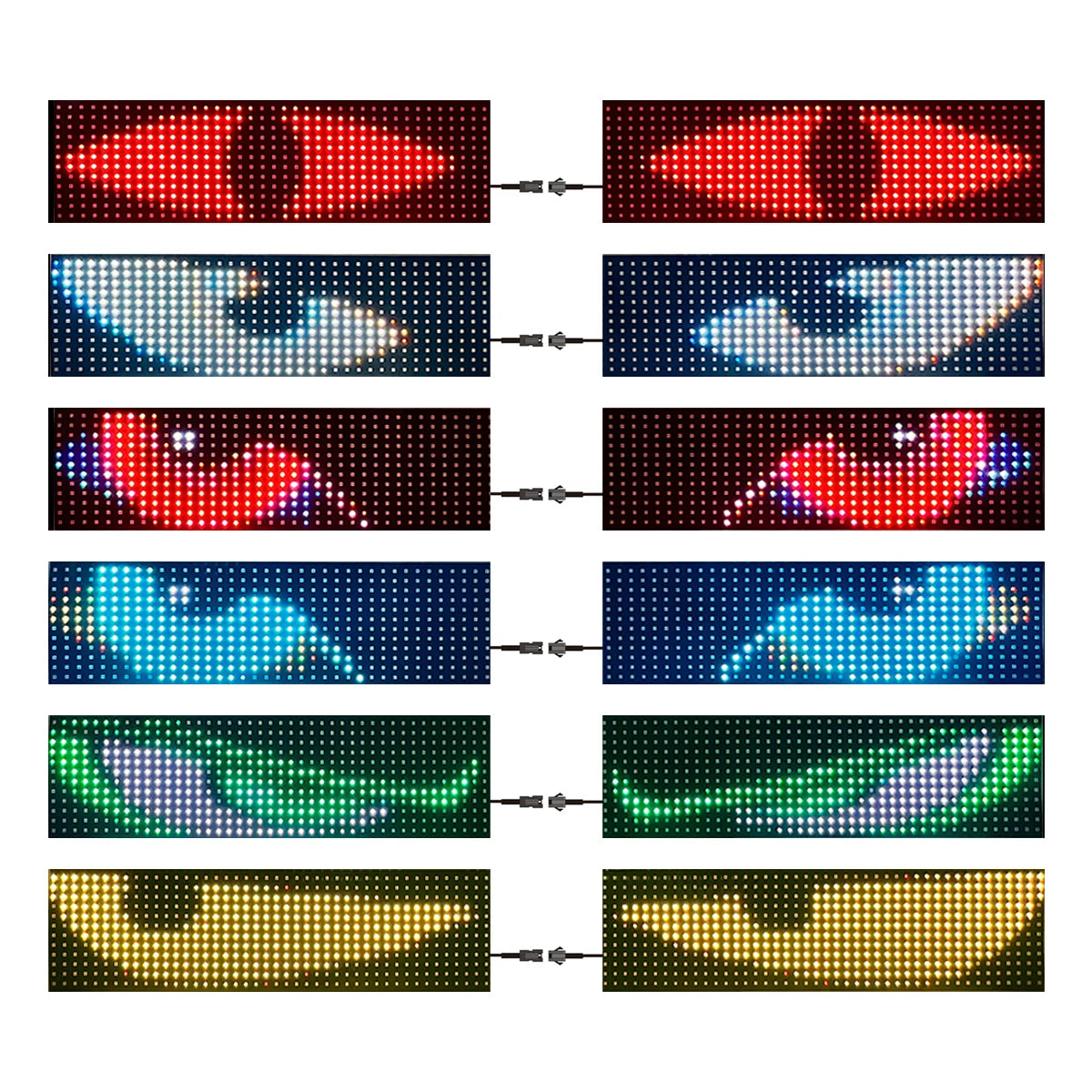 Set of LED display boards showing various patterns and colors on a white background.