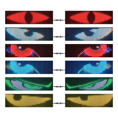 Set of LED display boards showing various patterns and colors on a white background.