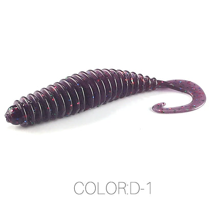 Purple ribbed soft plastic fishing lure with curly tail and glitter accents, labeled color D-1