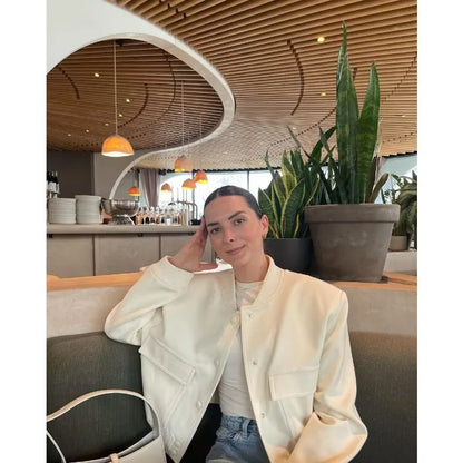 Woman Bomber Jacket White Autumn Winter Button Cropped Jackets Women Fashion Long Sleeve Coats