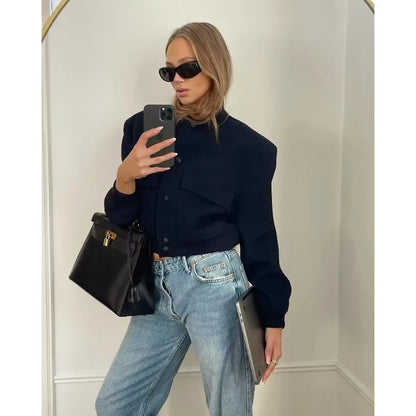 Woman Bomber Jacket White Autumn Winter Button Cropped Jackets Women Fashion Long Sleeve Coats