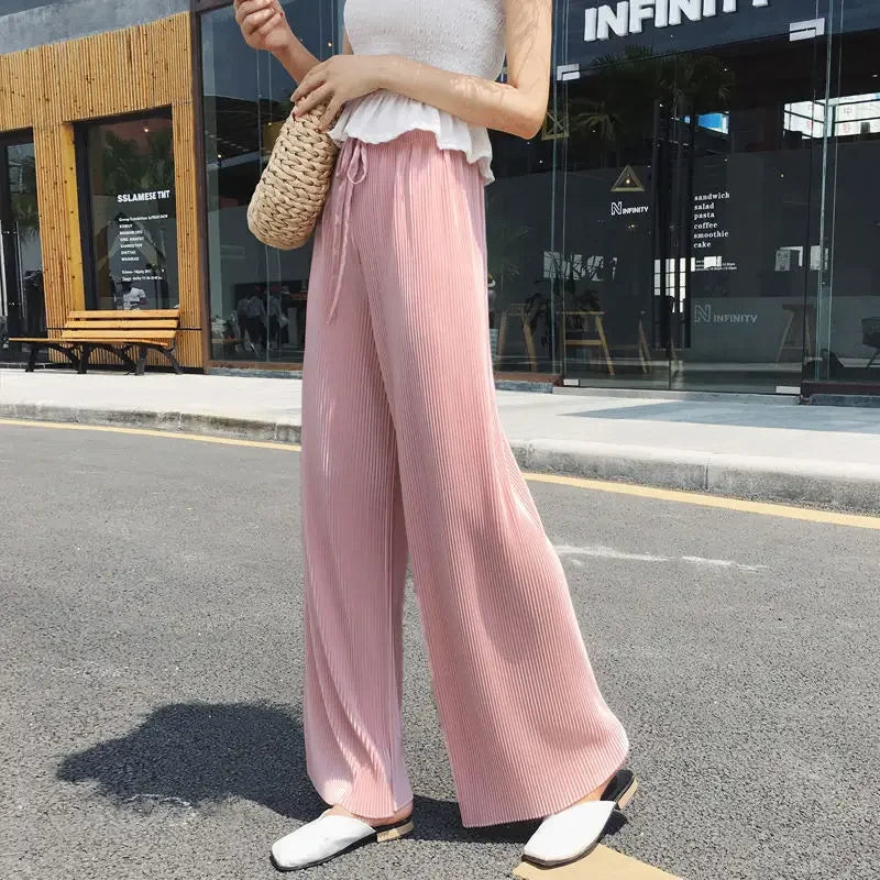 Summer Pleated Wide Leg Pants in Ice Silk for Effortless Style