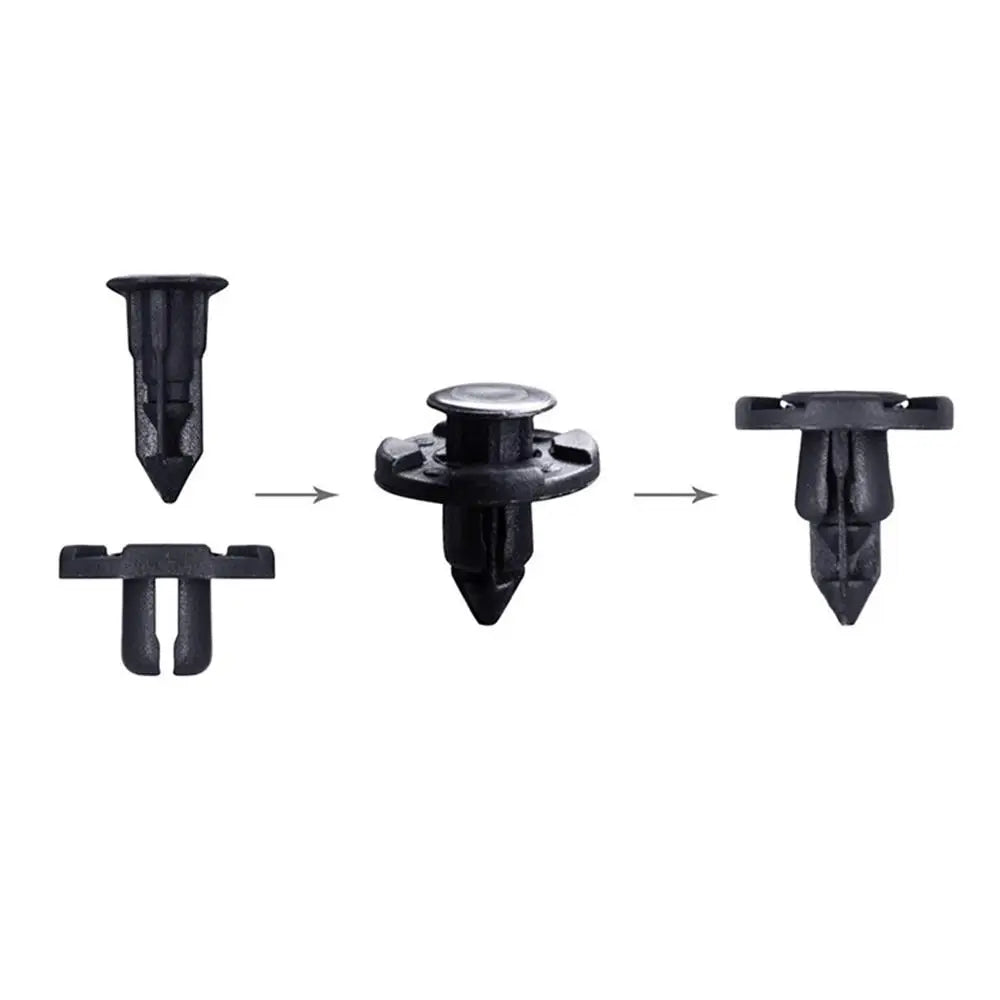 Set of black 8mm auto bumper clips with expanding pin and bar retainer heads.