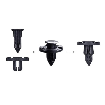 Set of black 8mm auto bumper clips with expanding pin and bar retainer heads.