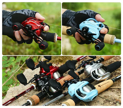 Assorted baitcasting fishing reels on rods, held and placed outdoors on rocks and grass.