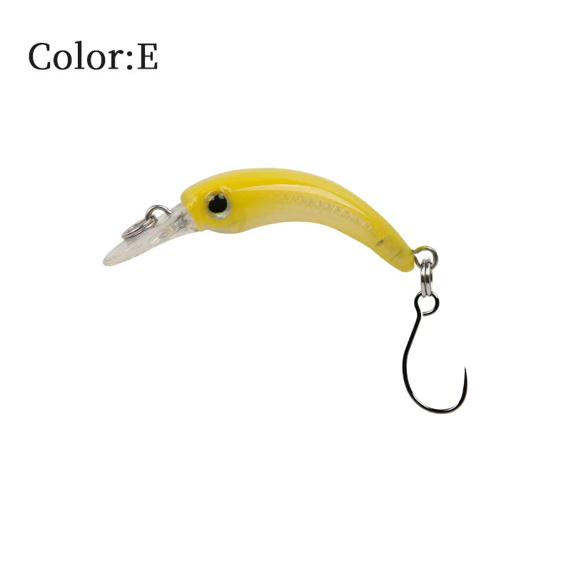 Yellow fishing lure with single hook and black eye, labeled as color E, on white background.