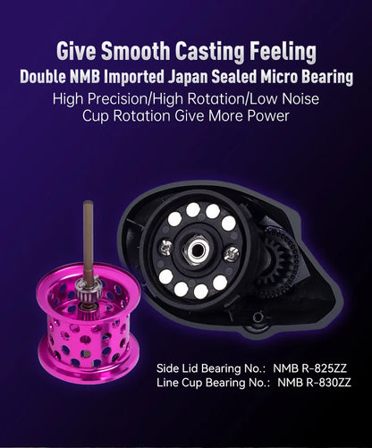Close-up of precision fishing reel spool with NMB sealed micro bearings, high rotation design.