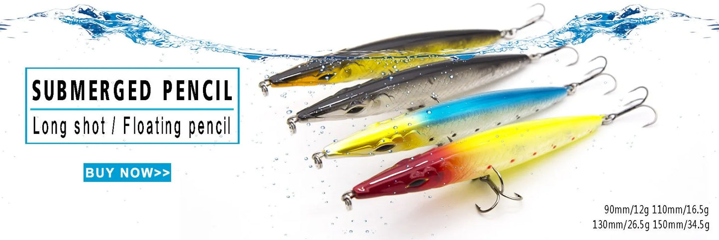 Colorful submerged pencil fishing lures for long shot casting and floating, with water drops.
