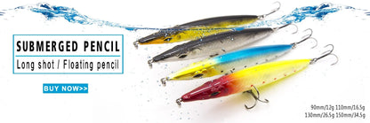 Colorful submerged pencil fishing lures for long shot casting and floating, with water drops.