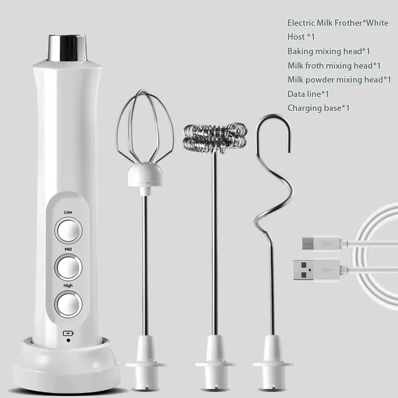 White electric milk frother with attachments and charging base on a light gray background