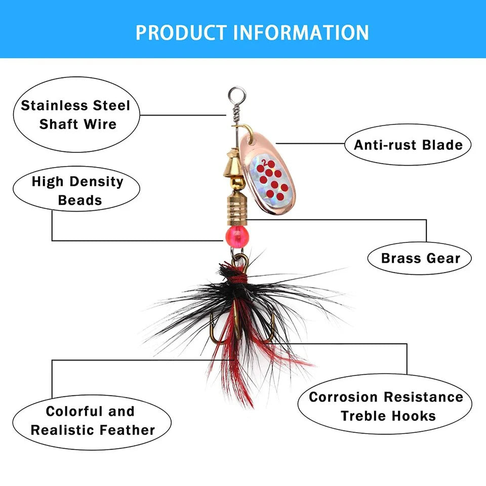 Colorful fishing lure with feather, anti-rust blade, treble hooks, stainless steel parts